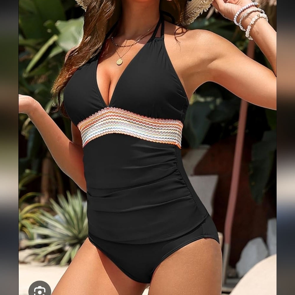 Black One-Piece Swimsuit with Colorful Waistband NwT